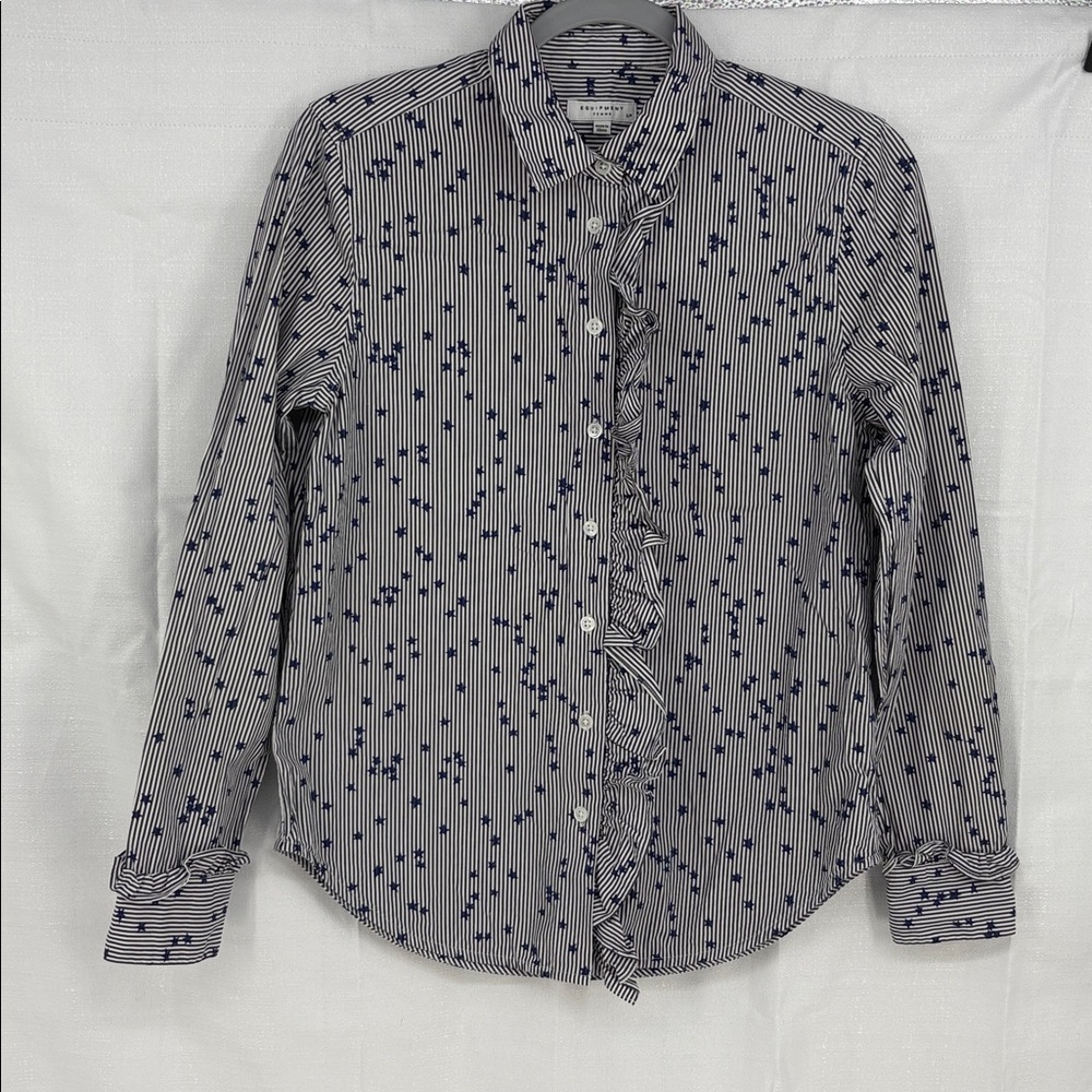 Equipment Femme Women’s Small Blue Star Ruffle Stripe Shirt Preppy Classic